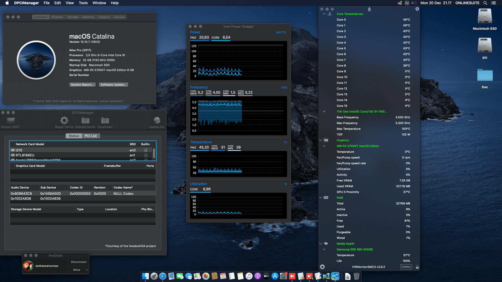 Success Hackintosh macOS Catalina 10.15.7 Build 19H2 in Gigabyte Z590 Vision G + Intel Core i9 11900KF + MSI RX 5700XT